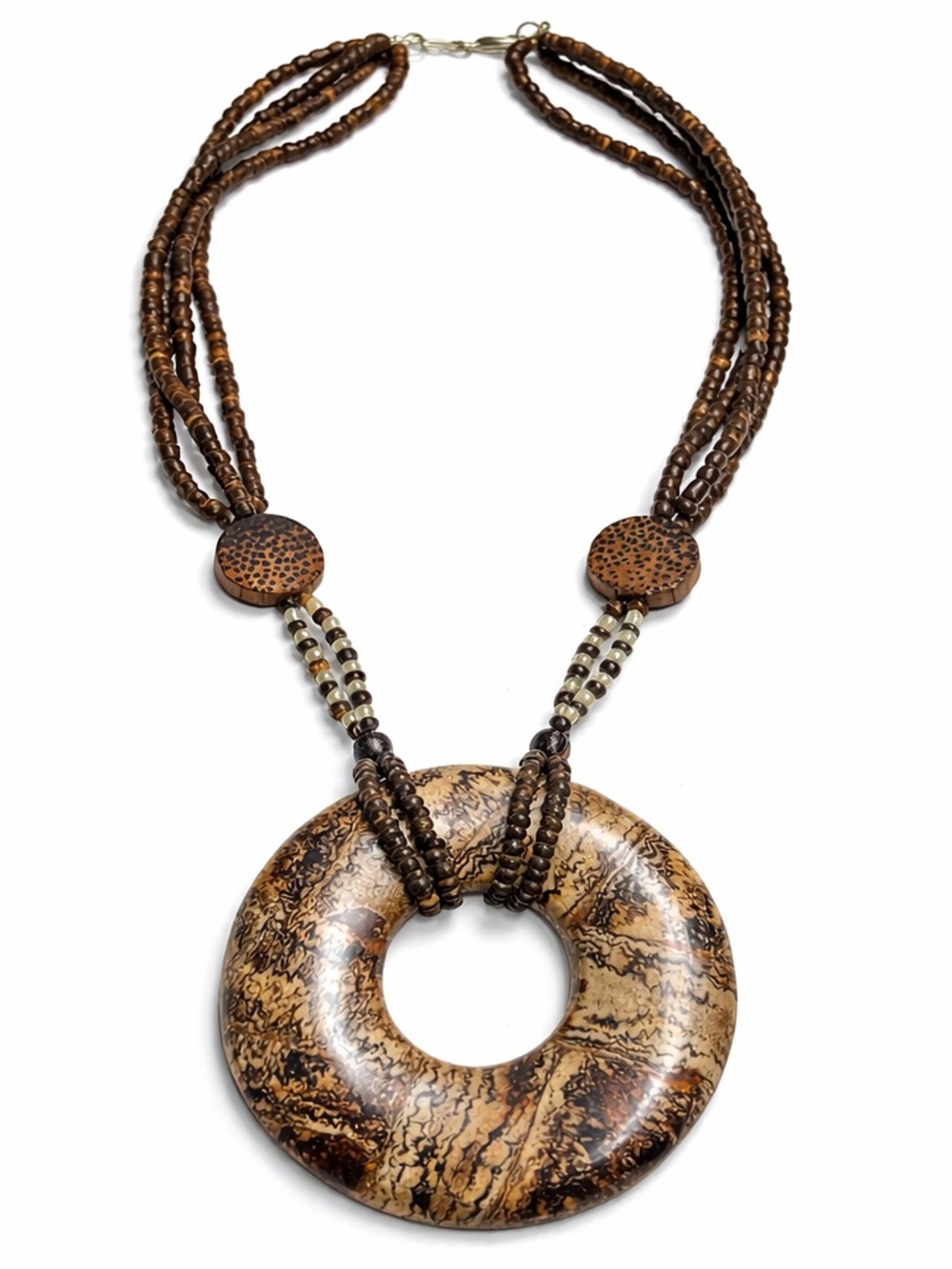African Statement Necklace – Jasper Donut Pendant, Multi Strand Beaded Necklace